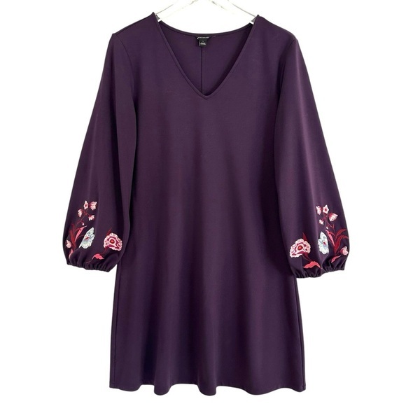ANN TAYLOR Embroidered Sleeve Flare Shift Dress Purple V-Neck Long Sleeve Size L - Picture 3 of 14
